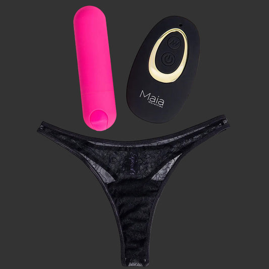 Maia DATE NIGHT PANTY VIBE
Black S/M Panty with Pink USB Rechargeable Bullet & Remote
