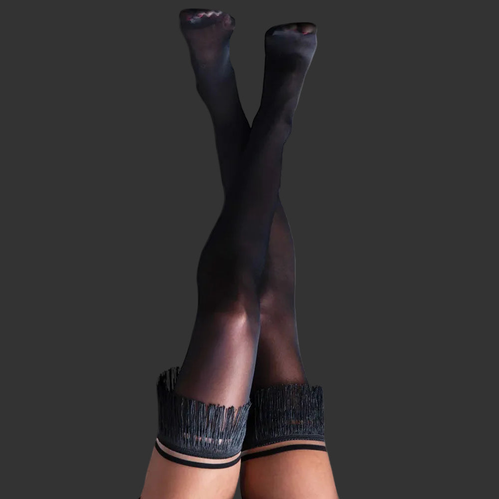 Kixies KEILA Fringe Sheer Thigh Highs - Black - Size D