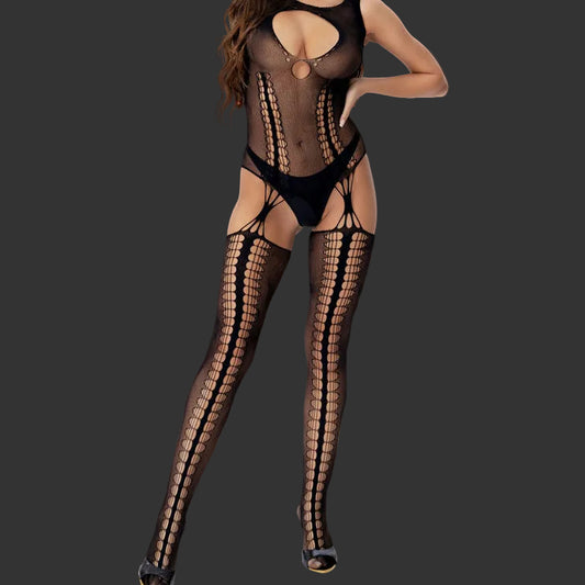 LAPDANCE Key Hole Suspender Hose Bodystocking - Black - One Size