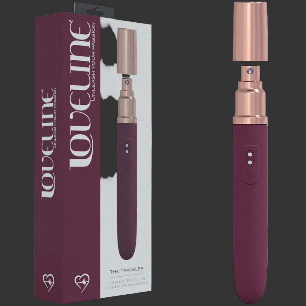 Purple handheld Vib with rose gold 'LOVELINE' brand.